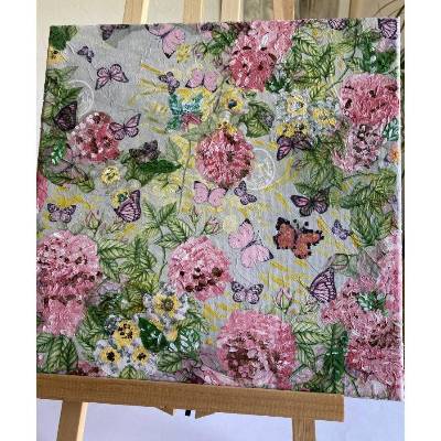 Wandbild „Sommer“ in Servietten- und Acryltechik, Wanddeko „Sommer“, Bild auf Keilrahmen