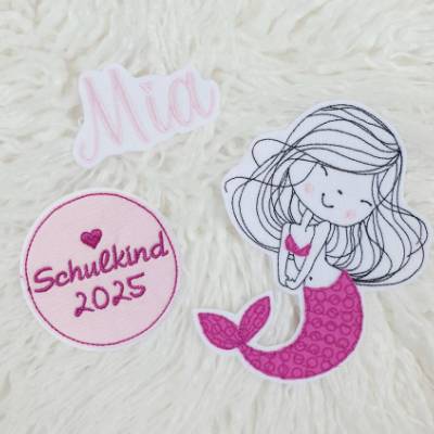 Meerjungfrau Aufnäher Set 3-teilig mit Name – Schultüte Mädchen Nixe Button Filz Schulkind 2026