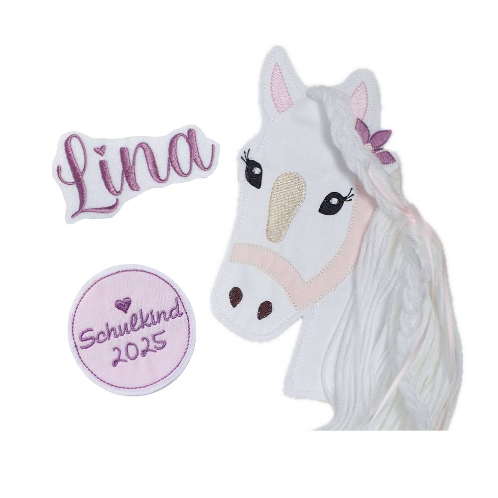 Applikation Aufnäher Schultüte Pferd mit Mähne Set 3 Teilig Pony Patch Button Filz Schulkind Bild 1