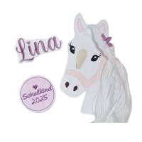 Applikation Aufnäher Schultüte Pferd mit Mähne Set 3 Teilig Pony Patch Button Filz Schulkind