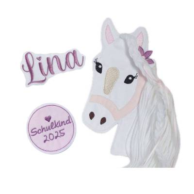Applikation Aufnäher Schultüte Pferd mit Mähne Set 3 Teilig Pony Patch Button Filz Schulkind