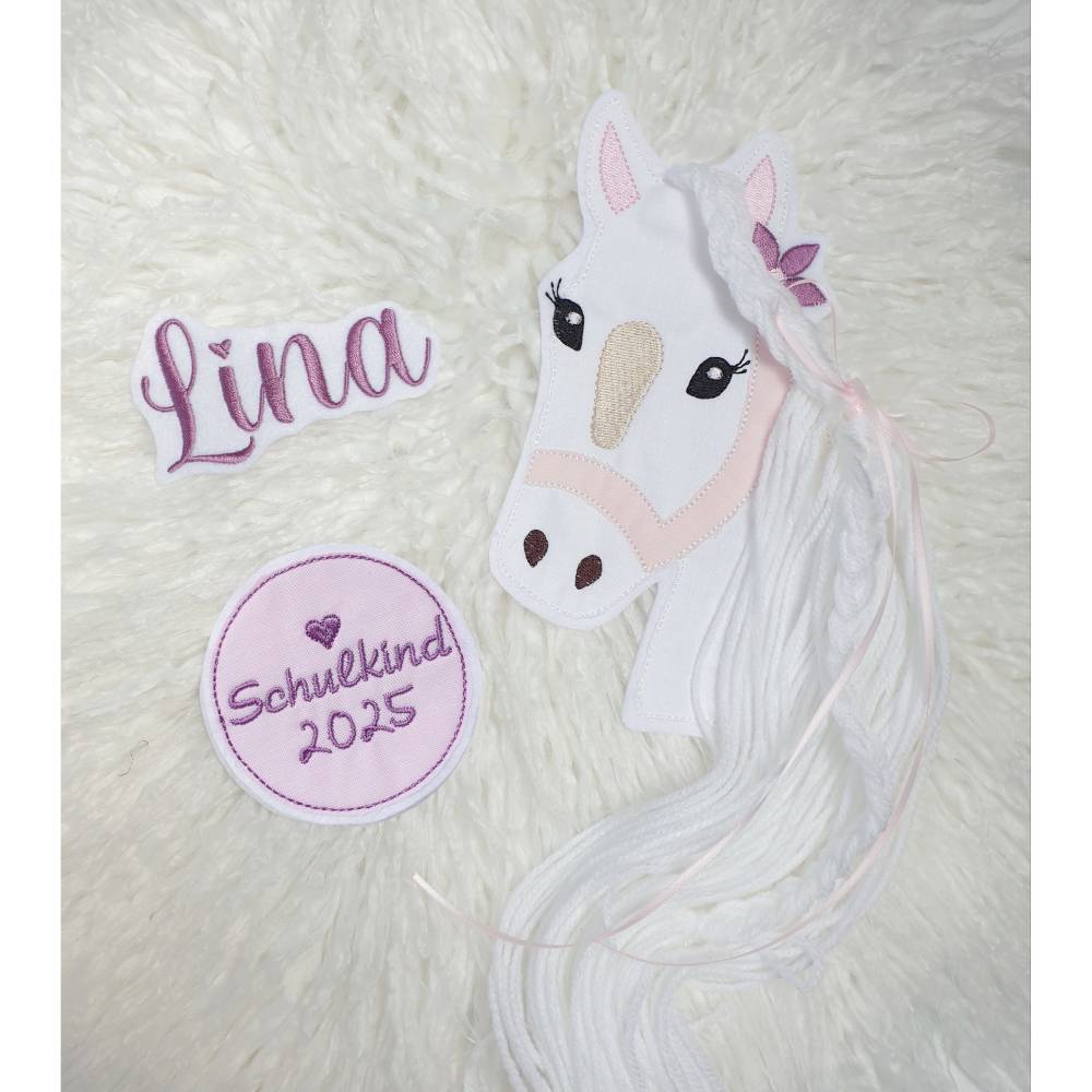 Applikation Aufnäher Schultüte Pferd mit Mähne Set 3 Teilig Pony Patch Button Filz Schulkind Bild 2