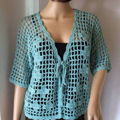 Häkeljacke mit hübschem Muster und dezentem Glanz in Türkis, Sommerjacke, Cardigan, Bolero 