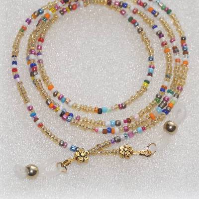 Brillenkette bunt - goldfarben mit Blümchen, Brillenband kunterbunt