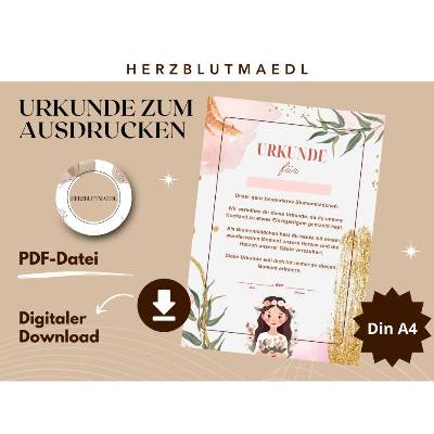 Liebevoll gestaltete Urkunde für Blumenmädchen - Perfektes Geschenk für Blumenmädchen | A4 | digitale Datei