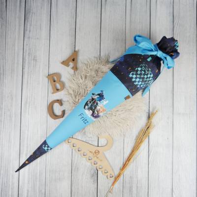 Schultüte Stoff Motocross Türkis Blau  70cm 85cm   *personalisierbar und mit Kisseninlet