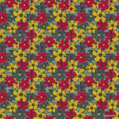 Geschenkpapier Abstrakte Fantasie-Blüte, mit Blüten in Gelb, Rot und Blau auf Blaugrau