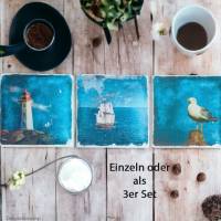 KÜSTENLIEBE, Untersetzer aus Travertin, Tischdeko Fliese, handgemacht mit maritimen Motiven im Shabby Landhausstil