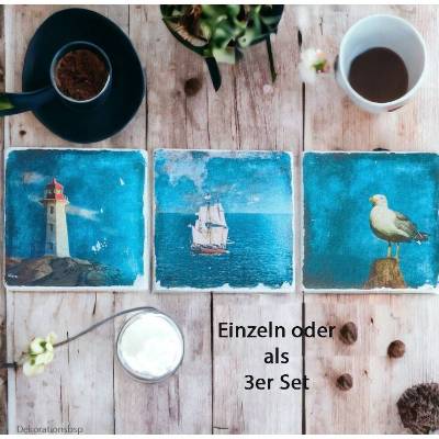 KÜSTENLIEBE, Untersetzer aus Travertin, Tischdeko Fliese, handgemacht mit maritimen Motiven im Shabby Landhausstil