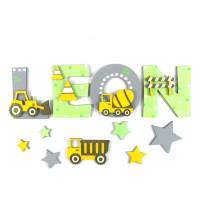 Holzbuchstaben Baustelle, Holzbuchstaben Kinderzimmertür, Namensschild Kinderzimmertür, Holzbuchstaben Bagger