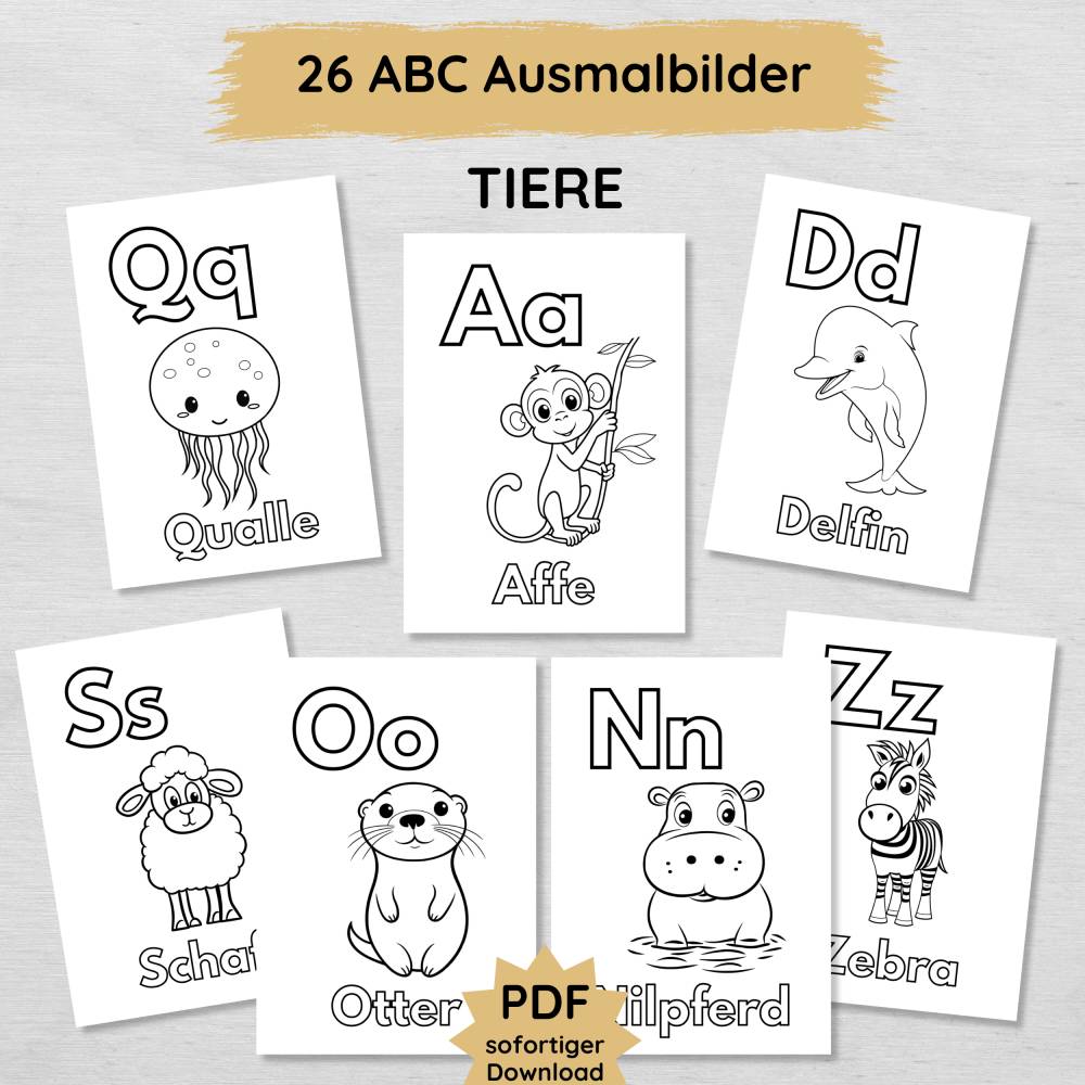 26 Tiere ABC Ausmalbilder für Kinder zum Ausdrucken, spielerisch das Alphabet lernen Bild 1