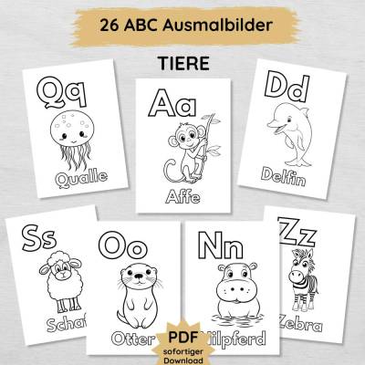 26 Tiere ABC Ausmalbilder für Kinder zum Ausdrucken, spielerisch das Alphabet lernen