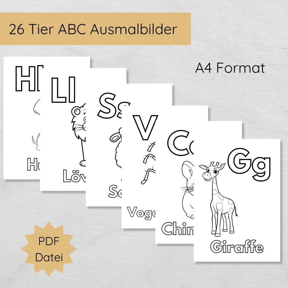 26 Tiere ABC Ausmalbilder für Kinder zum Ausdrucken, spielerisch das Alphabet lernen Bild 2