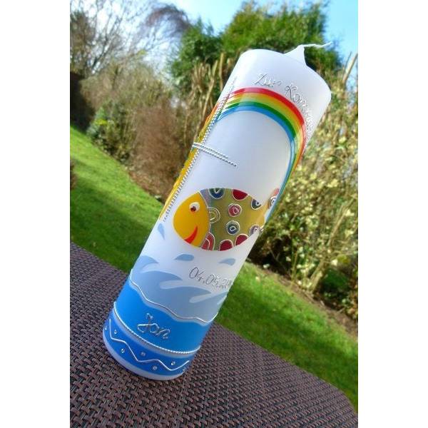 Kommunionkerze, bunter Fisch, Sonne, Regenbogen, Kreuz, Mädchen, Jungen, bunt