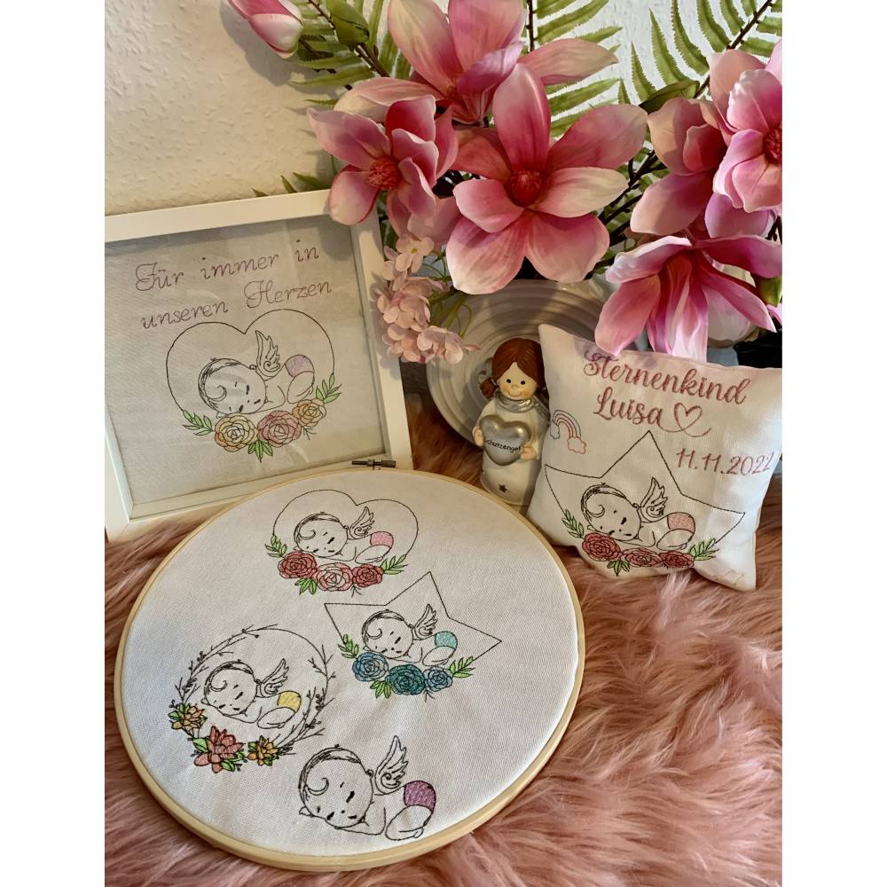 Stickdatei Sternenkind Lineare Art  Engel, mit Blumen, Stern Herz Bild 1