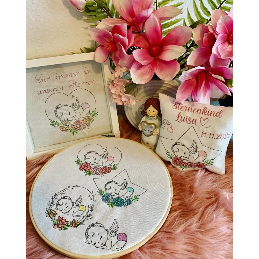 Stickdatei Sternenkind Lineare Art  Engel, mit Blumen, Stern Herz Bild 3