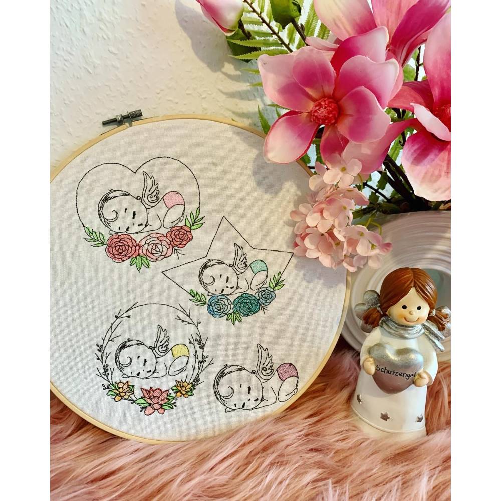 Stickdatei Sternenkind Lineare Art  Engel, mit Blumen, Stern Herz Bild 4