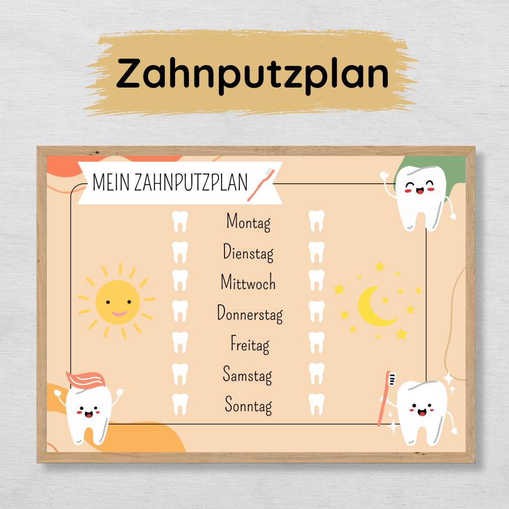 Zahnputzplan für Kinder als Motivation zum täglichen Zähne putzen, wöchentliche Zahnputzroutine Bild 1