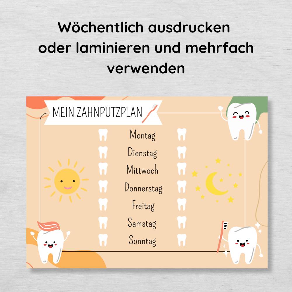 Zahnputzplan für Kinder als Motivation zum täglichen Zähne putzen, wöchentliche Zahnputzroutine Bild 4