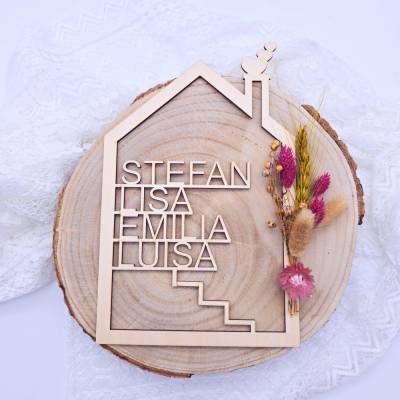 Haus mit Namen | Familienschild personalisiert | Geschenk zum Einzug | Holzhäuschen | Richtfest Geschenk | Trockenblumen