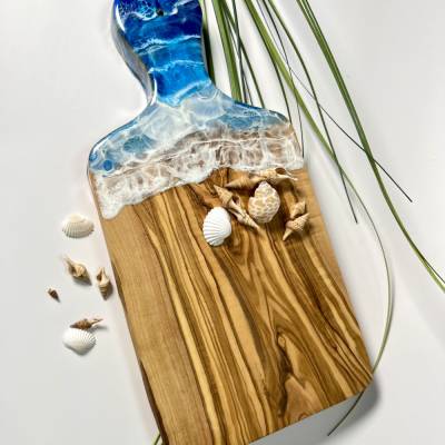 Ozean Servierbrett aus Olivenholz und Epoxidharz,Lebensmittel echt,Geschenk ,Geburtstag,Meer,Wellen,Maritim