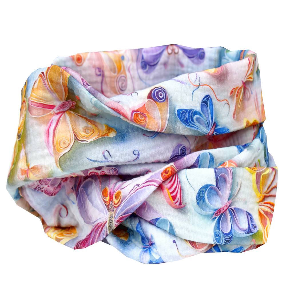 Musselin Loop Schal Damen – Bunter Schmetterlings-Loop aus Double Gaze Baumwolle Bild 1
