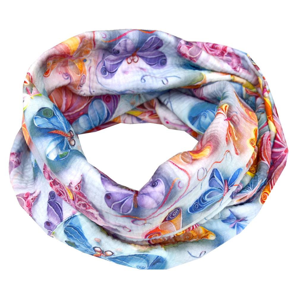 Musselin Loop Schal Damen – Bunter Schmetterlings-Loop aus Double Gaze Baumwolle Bild 3