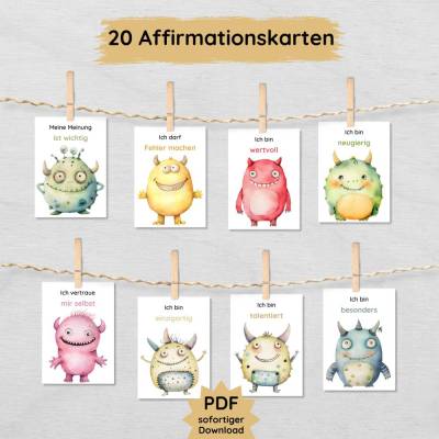 20 Monster Affirmationskarten für Kinder, Mutmacher Motivationskarten zum Ausdrucken