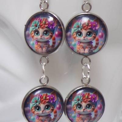 Katzen Kitty Cabochon Ohrhänger 16 mm silber – Edelstahl, versilbert oder 925 Haken, Gesamtlänge 7 cm
