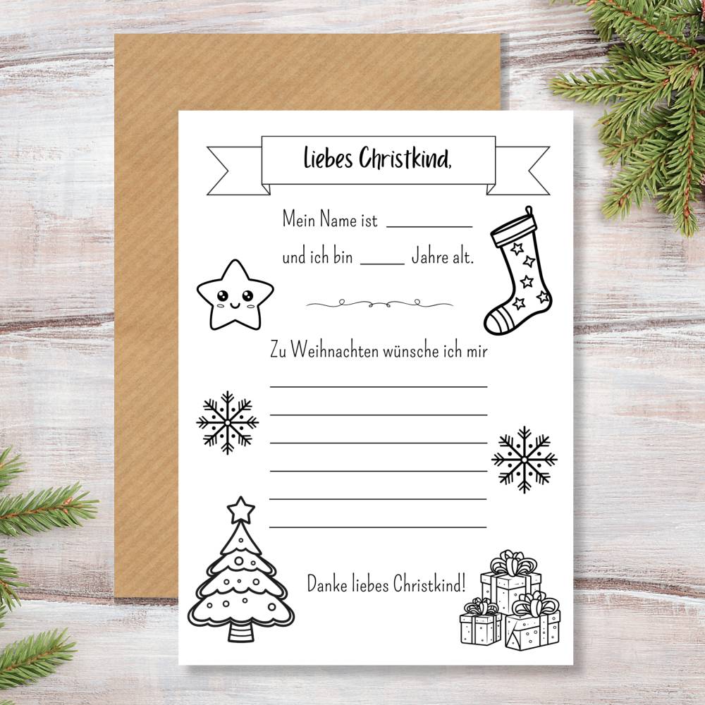Wunschzettel für Kinder zu Weihnachten, Brief an das Christkind zum Ausdrucken und Ausmalen Bild 1