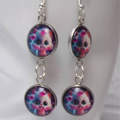 Katzen Kitty Cabochon Ohrhänger 14 mm Silber – Edelstahl Ohrringe mit versilbertem Rand