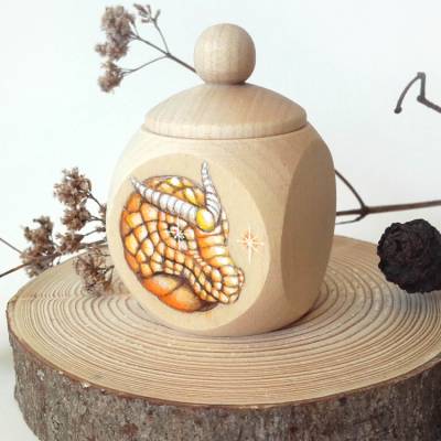 Milchzahndose oder Schatzdose bemalt mit goldenem Drachen, handbemalt mit Wunschtext, Dose für Schätze, Zahndose