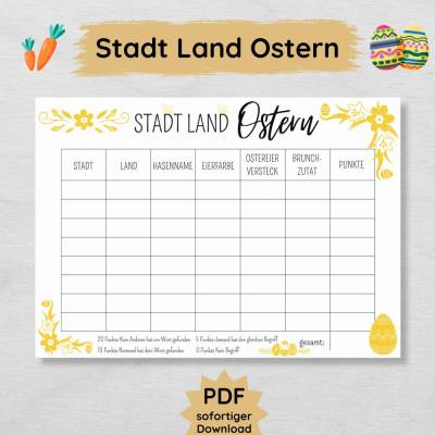 Stadt Land Ostern Spiel zum Ausdrucken, schönes Familienspiel zum Osterfest, Spielidee Vorlage