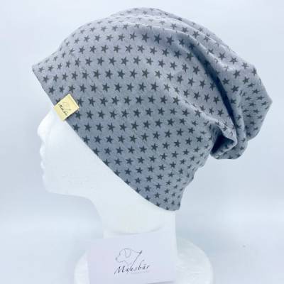 Mütze, KU 54 - 56 cm,  Beanie, einlagig, grau, Sterne