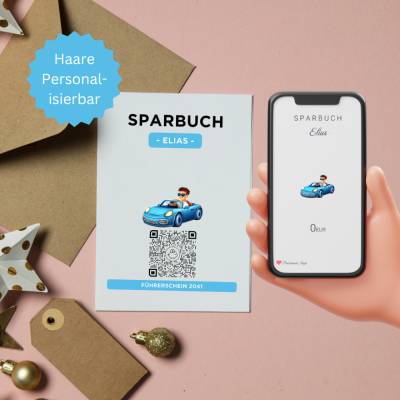 Personalisiertes Geldgeschenk | Führerschein Zuschuss | Digitales Sparbuch | Geschenkkarte | Auto Junge Blau