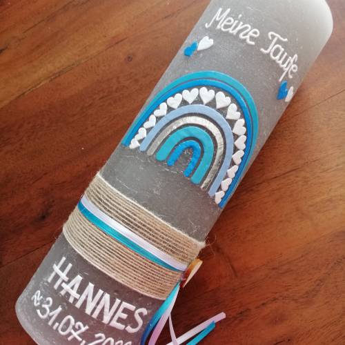 Taufkerze Rustica Vintage-Look Shabby Rustikal, Regenbogen Kreuz Herz Fisch Jungen blau Farbwünsche auch für Mädchen ink
