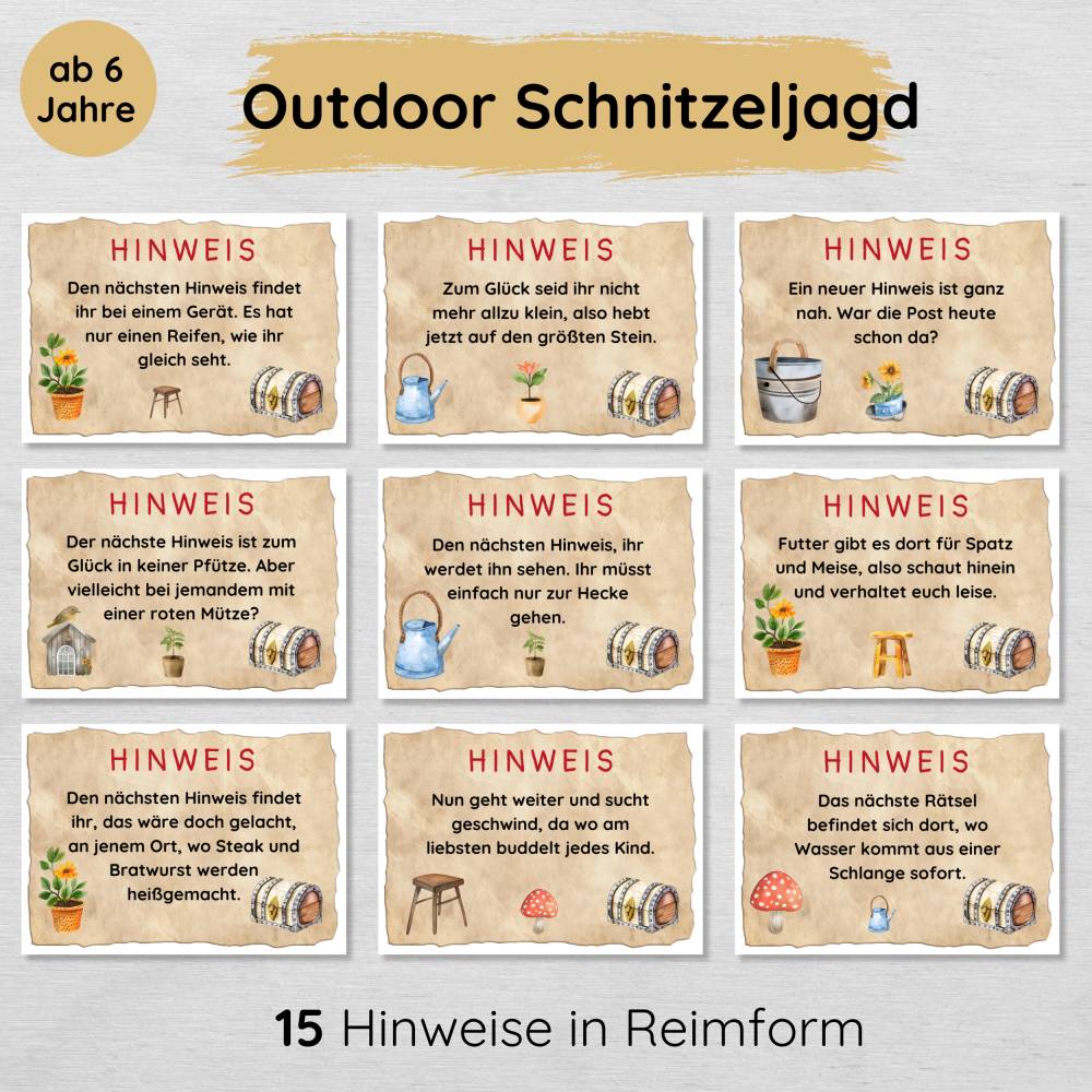 Outdoor Schnitzeljagd für Kinder ab 6 Jahren, Garten Schatzsuche mit 15 Hinweisen in Reimform Bild 1