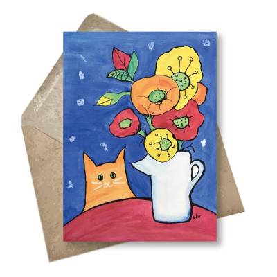 Postkarte Katze mit Vase – Lustige Glückwunschkarte für Katzenmenschen, DIN A6 Kunst im Kuvert