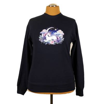 Pullover mit Einhornmotiv Größe S Navy Blau Unikat Unisex Lightweight