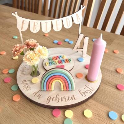 Personalisierter Geburtstagsteller bunt mit Wimpelkette und Regenbogen