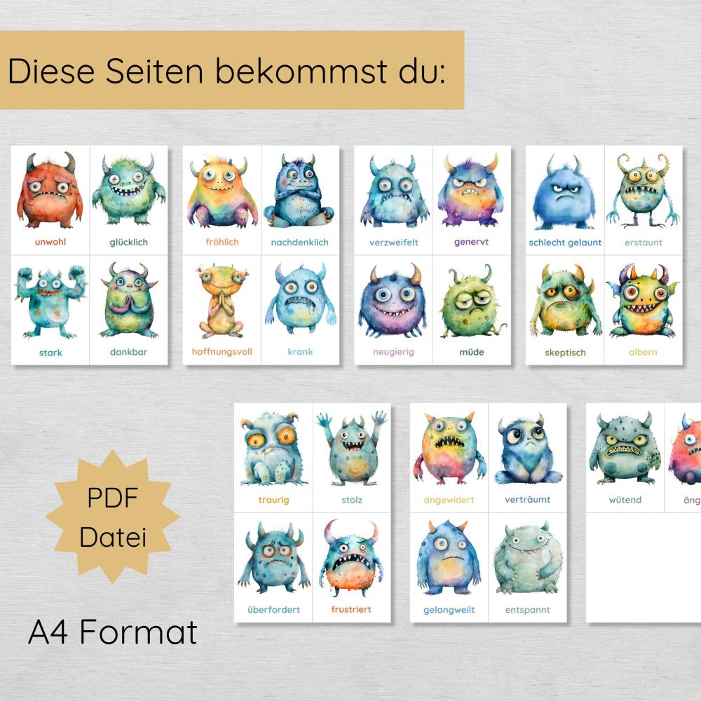 26 Monster Gefühlskarten für Kinder zum Ausdrucken, Emotionen lernen Bildkarten Bild 2
