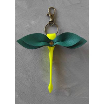 Libelle - Taschenbaumler, Schlüsselanhänger, Taschenanhänger aus Kunstleder in Neongelb und Grün mit Messing