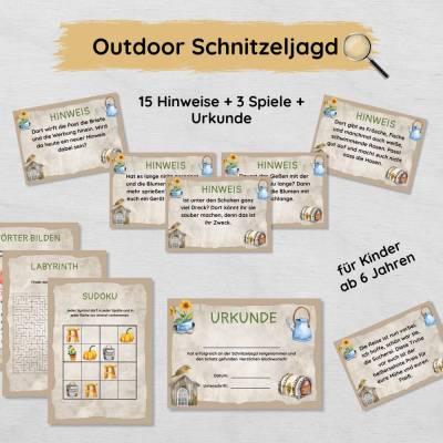 Outdoor Schnitzeljagd für Kinder mit 15 Hinweisen, Urkunde und 3 Spielen zum Ausdrucken