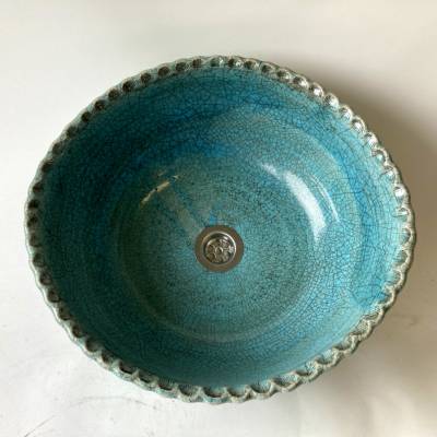 Waschbecken leicht oval / Raku / Muschelrand-Seladon / Antik  Ø 40 /36 cm Höhe 14,5 cm