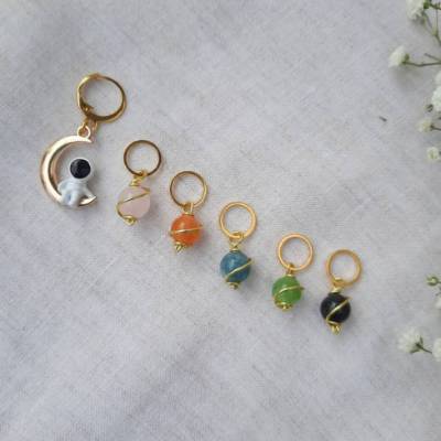 Maschenmarkierer Set Deutschland, Reihenzähler Kette stricken,Stern und Mond Astronaut Weltraum mit Natursteinperlen