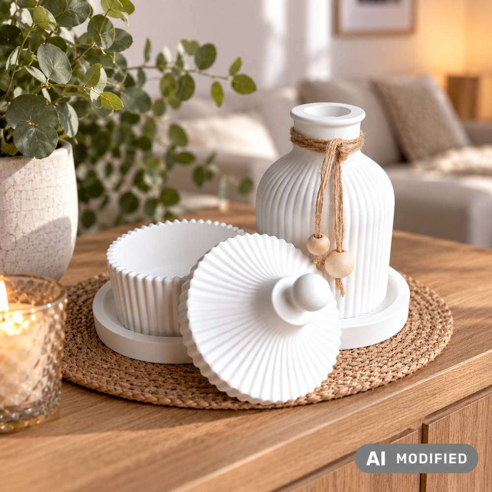 Handgegossenes Deko-Set: Weißes Tablett, Vase & Dose – Moderne Wohn-Deko für Trockenblumen