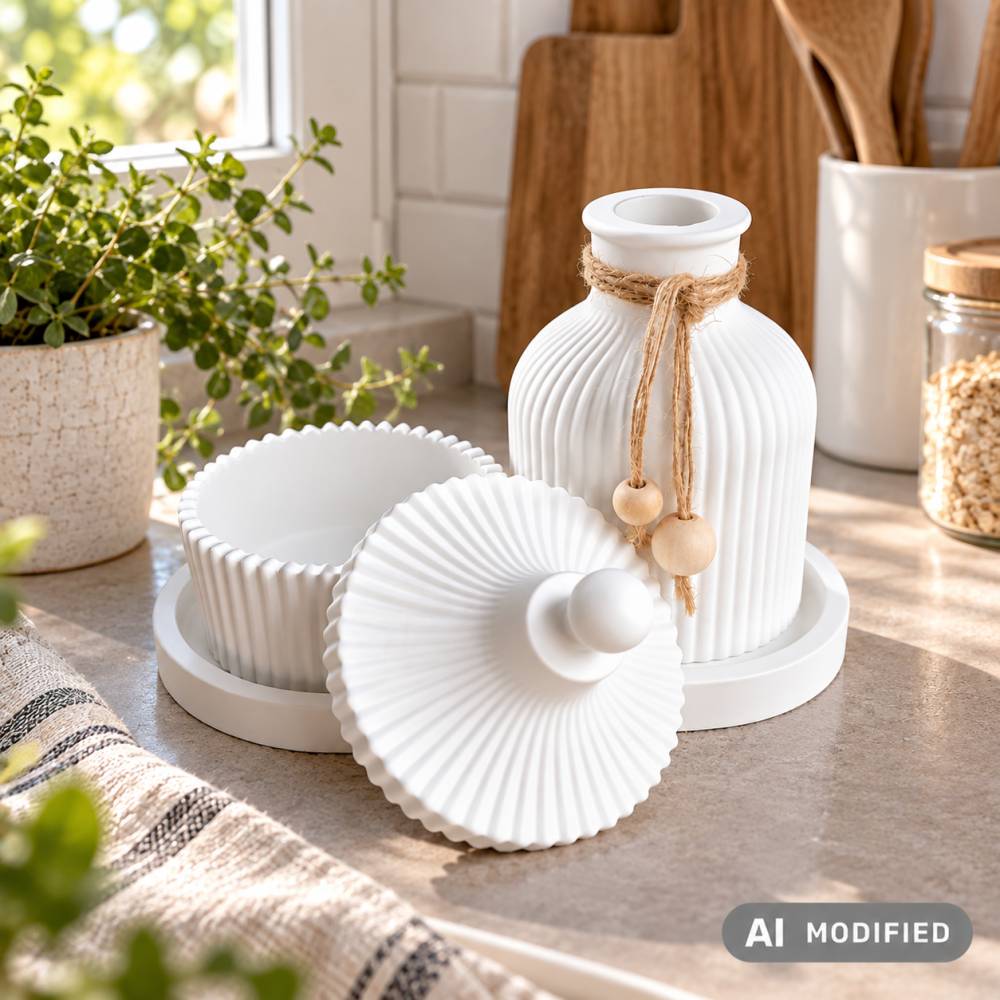 Handgegossenes Deko-Set: Weißes Tablett, Vase & Dose – Moderne Wohn-Deko für Trockenblumen