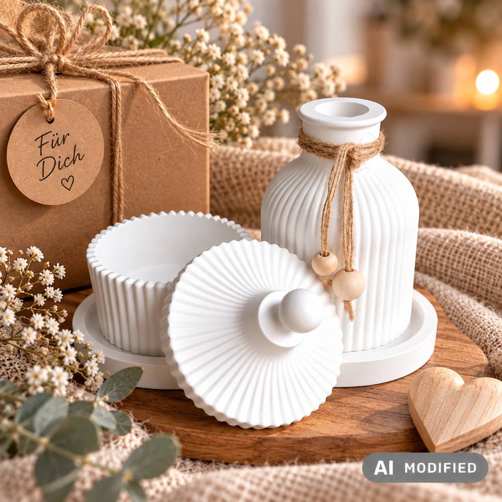 Handgegossenes Deko-Set: Weißes Tablett, Vase & Dose – Moderne Wohn-Deko für Trockenblumen