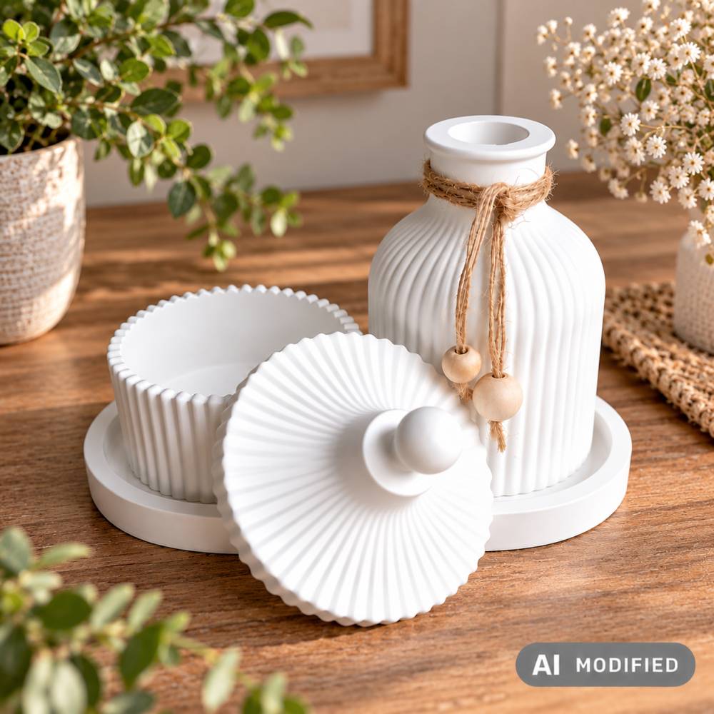 Handgegossenes Deko-Set: Weißes Tablett, Vase & Dose – Moderne Wohn-Deko für Trockenblumen