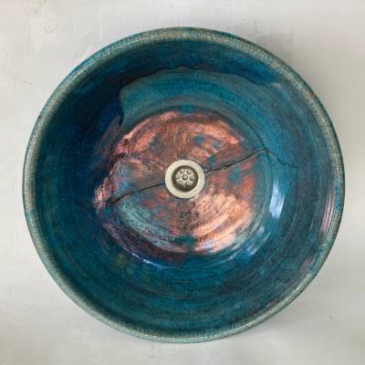 restauriertes Waschbecken / Raku / Türkis-Kupfer / Antik  Ø 41 cm Höhe 14,5 cm